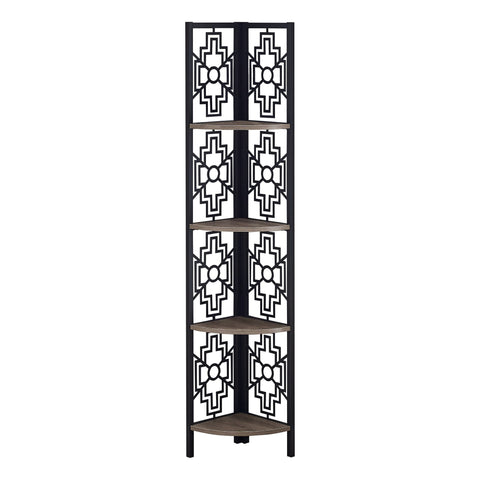 62" Bookcase with 4 Solid Taupe Shelves and Black Metal Corner Etagere