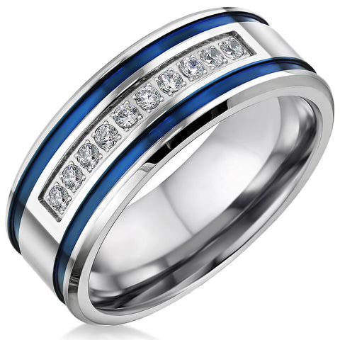 Men's Stainless Steel CZ Blue Stripes Ring