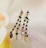 Rosary Earrings with Magic Wand and Hamsa Charms