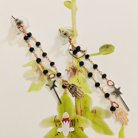 Rosary Earrings with Magic Wand and Hamsa Charms