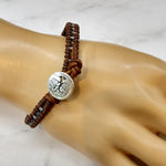 Brown/Grey Leather Wrap Seed Bead Button Bracelet